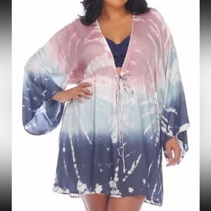 Raviya Women's Cover Up Tunic Swimwear Long Sleeve Grey Tie Dye 1X